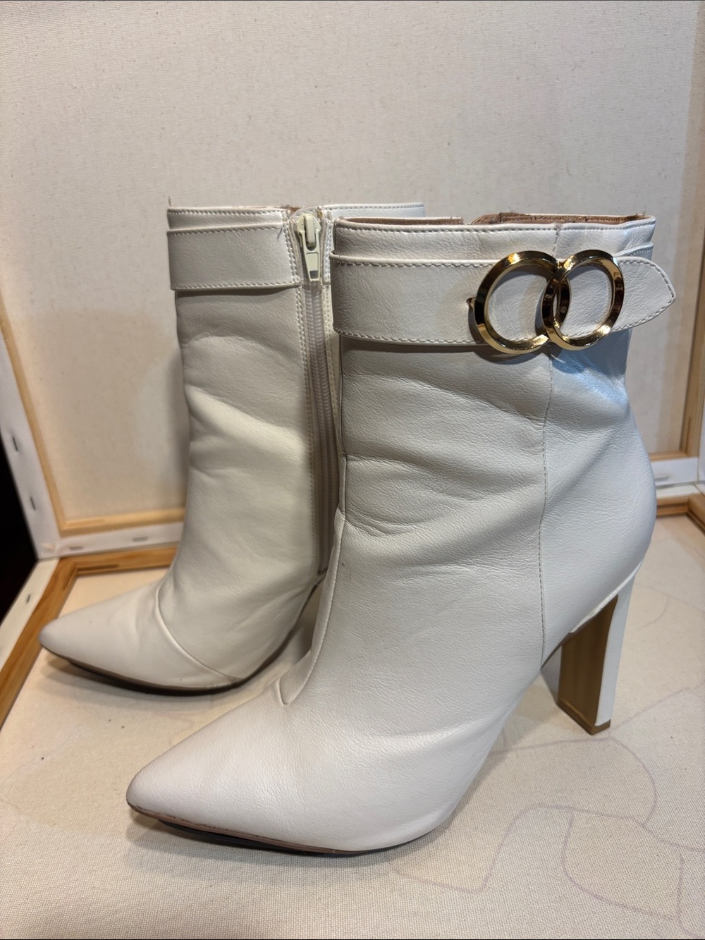New York & Company White Leather Mid-Calf Heeled Boots with Gold Rings